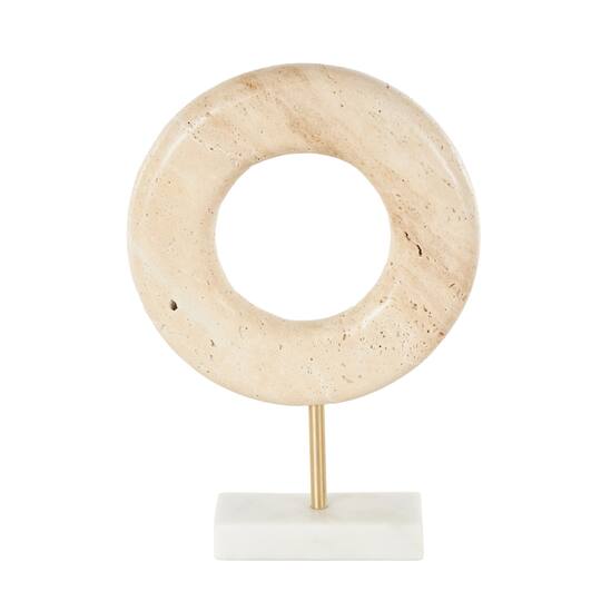 11.5" Cream Marble Geometric Textured Ring Decorative Sculpture with White Base & Gold Stand